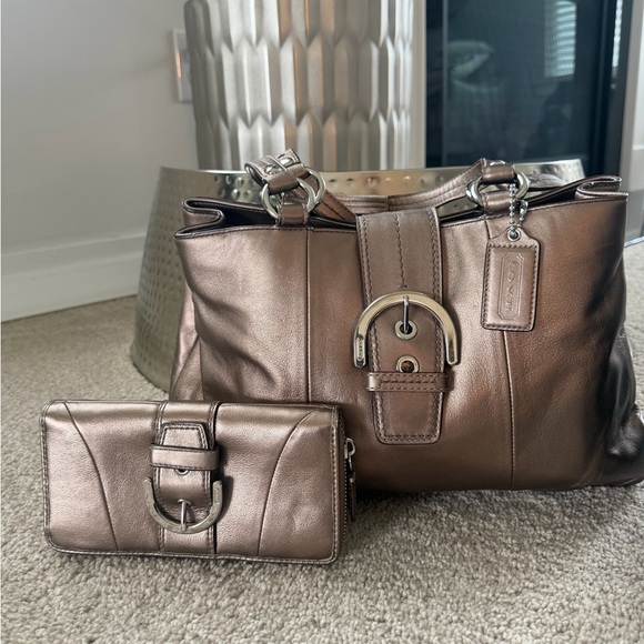 Coach Handbags - COACH BUNDLE Coach Metallic Bronze Leather Shoulder Bag with Matching Wallet